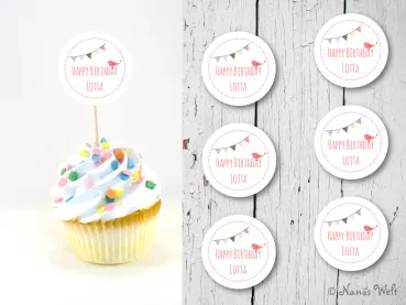 Rosa Vogel mit Wimpelkette Happy Birthday Cupcake-Topper