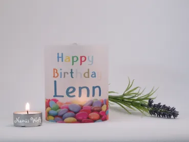 Windlicht zum Geburtstag individualisiert mit Namen und Happy Birthday